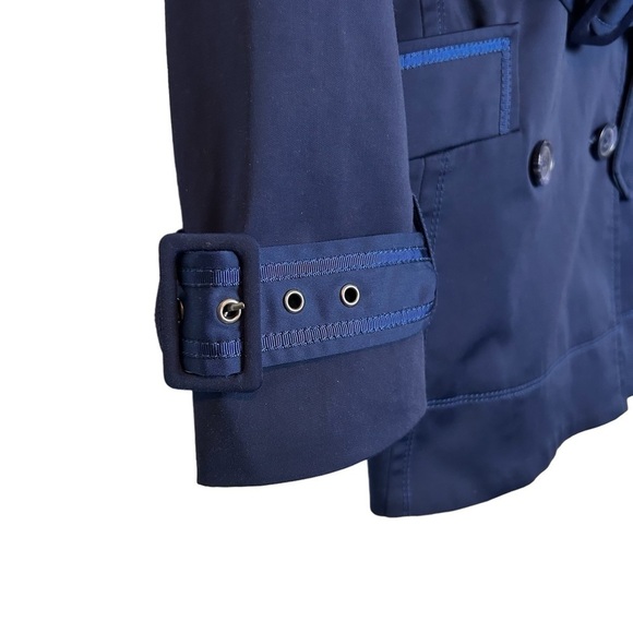 Willi Smith Navy Blue Double Breasted Belted Short Trench Jacket Coat Sz. M - Picture 2 of 16